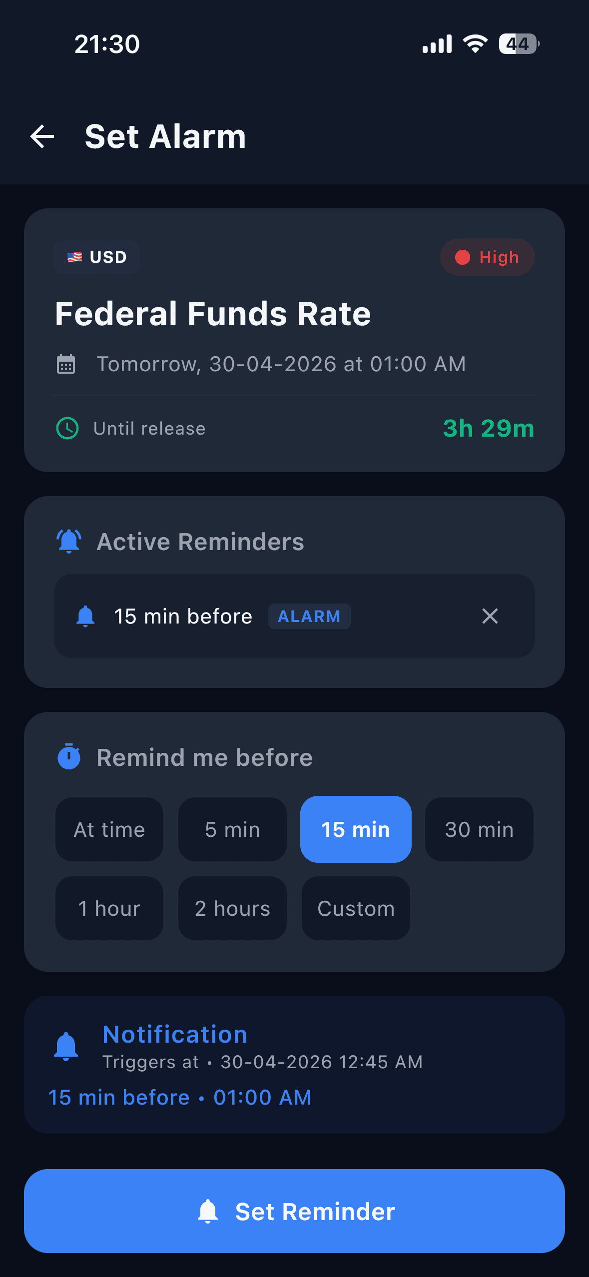 Custom alarms before each release